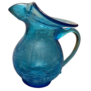 Vintage Art Glass Blue Crackle Pitcher with Applied Handle, Pilgrim